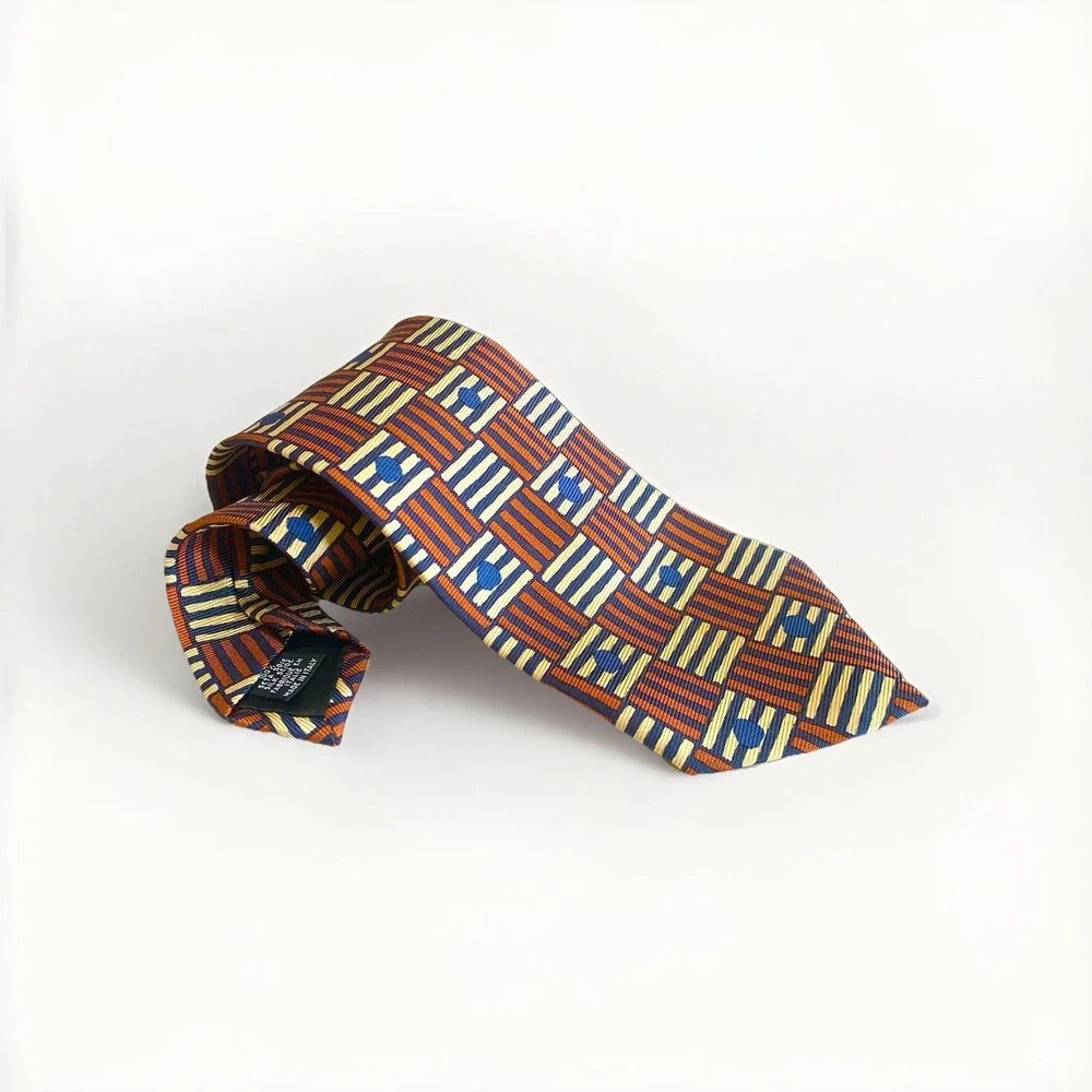 Hugo Boss Mens Tie Silk Brown Blue Geometric Striped Italy Designer Necktie